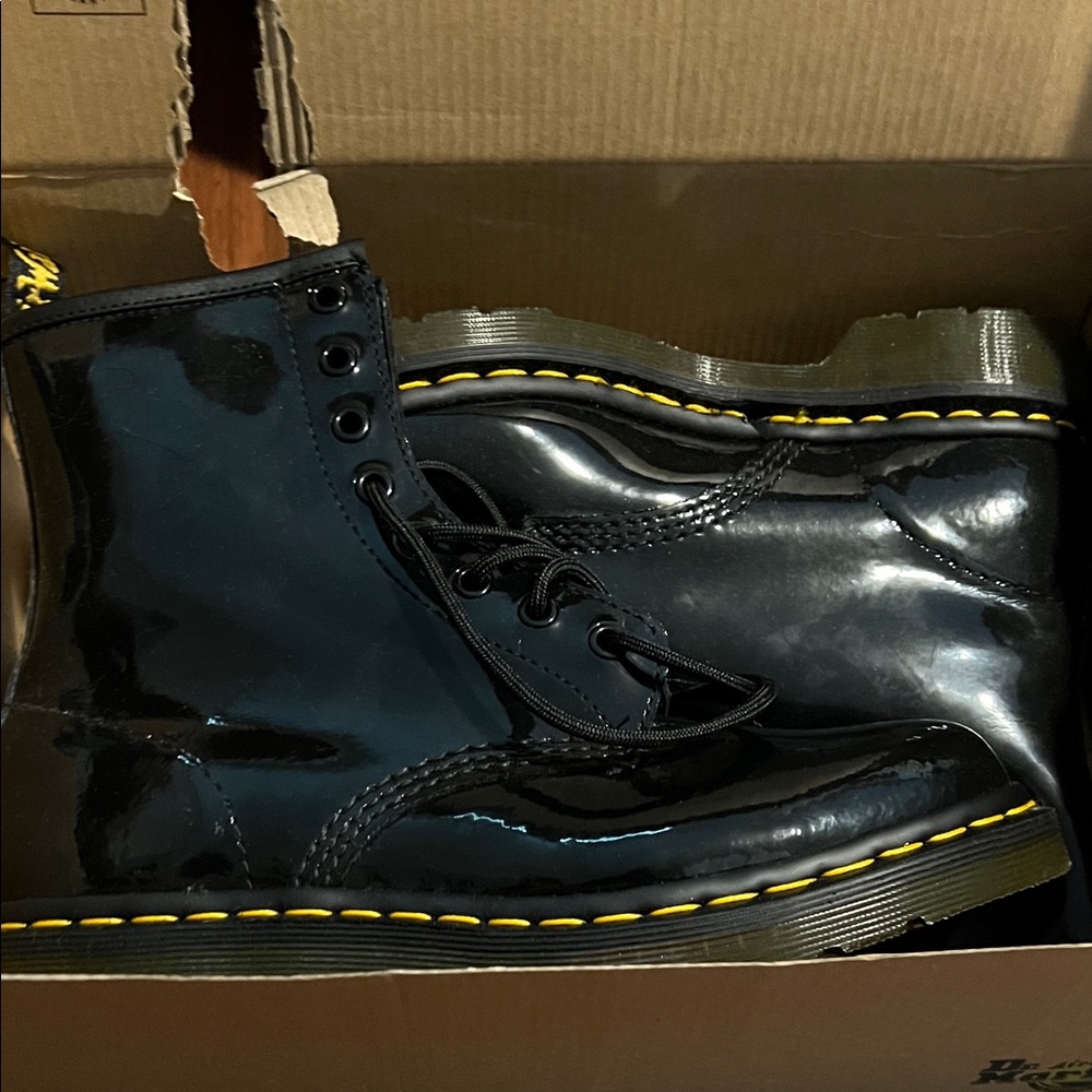 Dr. Martens Shiny Black Boots with Yellow Accents